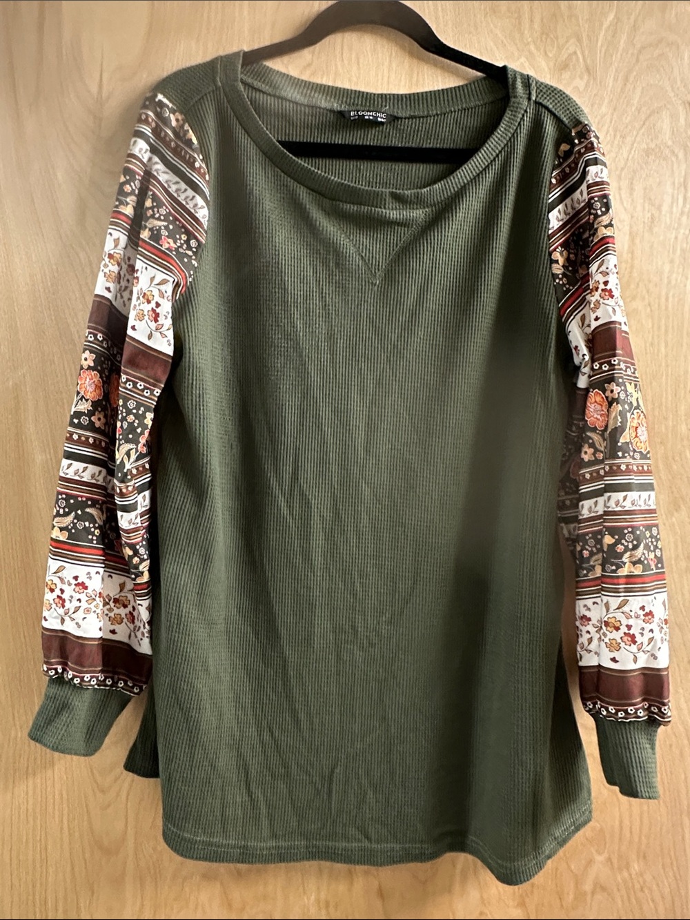 BloomChic Olive Green Waffle Knit Top with Patterned Balloon Sleeves